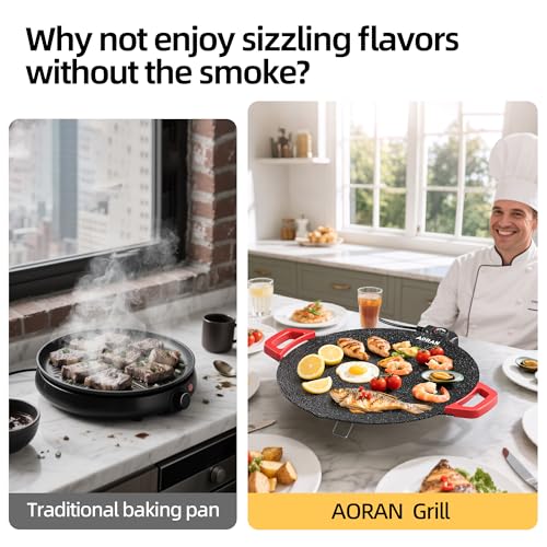 AORAN Indoor Grill Electric Smokeless Set – Nonstick Electric Griddle for Indoor Use, Compact & Versatile Cooking for Steaks, Pancakes & BBQ, Includes Silicone Spatula, Oil Brush & Food Tongs
