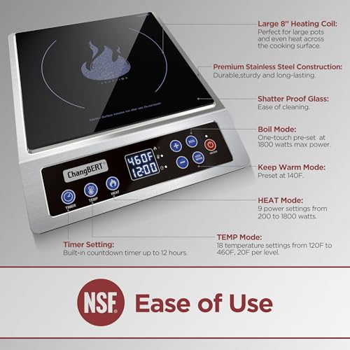 ChangBERT Portable Induction Cooktop Enhanced Version, One-Click Max Power 1800W Large Heating Coil Burner, Precise Temperature Control, NSF Certified Commercial Grade Low Noise Hot Plate