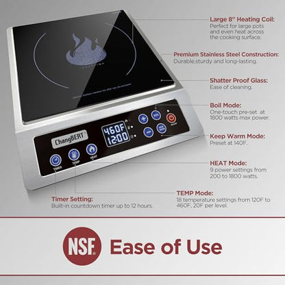 ChangBERT Portable Induction Cooktop Enhanced Version, One-Click Max Power 1800W Large Heating Coil Burner, Precise Temperature Control, NSF Certified Commercial Grade Low Noise Hot Plate