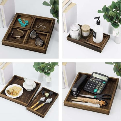 5-Piece Rustic Wooden Serving Tray Set, Handcrafted Nesting Trays with Handles for Ottoman & Coffee Table Decor, Lightweight Paulownia Wood Food Trays for Kitchen, Outdoor Picnic & Parties