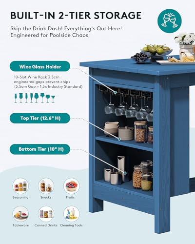 SERWALL Outdoor Bar Table and Chairs Set, 5-Piece HDPE Counter Height Patio Dining Sets with Storage and Wine Rack, Rectangular High Top Bar Table with 4 Bar Stools for Garden, Backyard, Blue