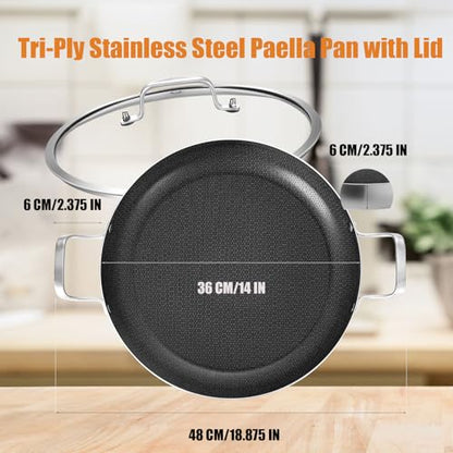 Inqibee 14-Inch Hybrid Tri-Ply Stainless Steel Paella Pan with Lid, Ceramic Non Stick Large Skillet, Induction Cooking Pan, Anti-Scratch, Dishwasher and Oven Safe