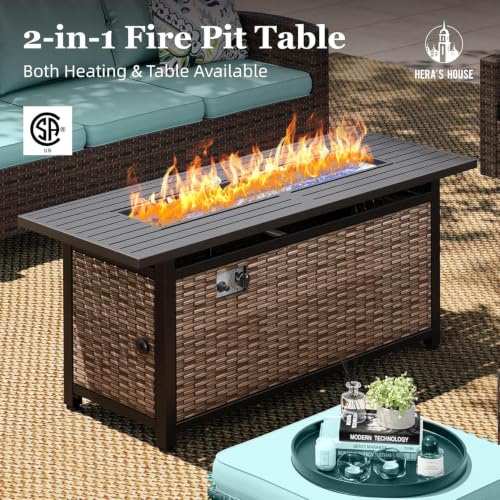 HERA'S HOUSE 8-Piece Wicker Patio Furniture Set with Fire Pit, 9-Seat, Blue