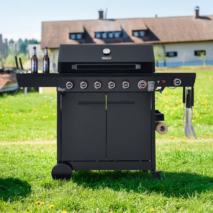 Royal Gourmet GE6001H 6-Burner Gas Grill, 72,000 BTU, 691 Sq. In. Cooking Area, with Sear and Side Burner, Side Shelf with hooks, spice basket, Movable Cabinet Style Grill for Outdoor Grilling, Black
