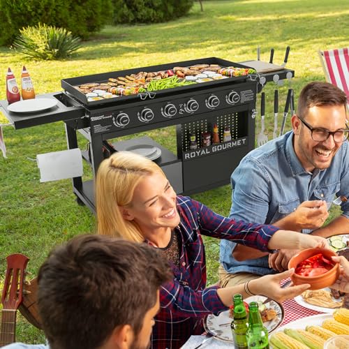 Royal Gourmet GB6000 6 Burner Propane Gas Griddle with Folding Side Tables, 44-Inch Flat Top Grill with Double-Layer Bottom Shelves for Outdoor Party or Backyard Barbecue, Black