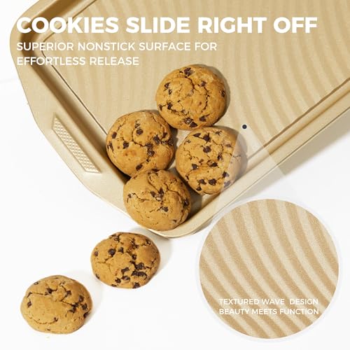 HONGBAKE 9-Piece Nonstick Bakeware Set, Wave Texture for Easy Release, 0.8mm Thick Non-Toxic Baking Pans Set, Includes Stackable Cookie Sheets, Antique Gold