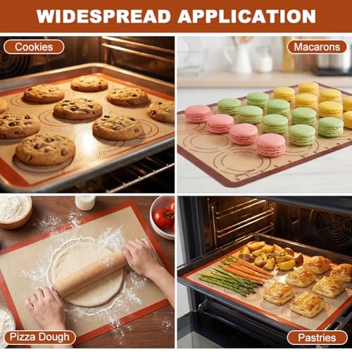 Silicone Baking Mat Set, Extra Thick Silicone Mats, 6-Pack Nonstick Baking Sheet Liners, Reusable Oven Mats, Heat Resistant -40°F to 446°F, Dishwasher Safe for Macarons, Cookies, Pizza, Bread
