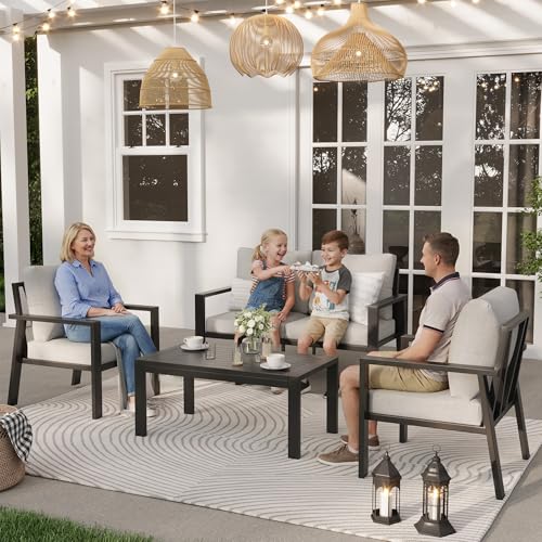 VONZOY Aluminum Patio Furniture Sets Metal Outdoor Furniture Set with Cushion All-Weather Sectional Sofa with Coffee Table for for Backyard, Garden and Poolside Easy Assembly(Beige)