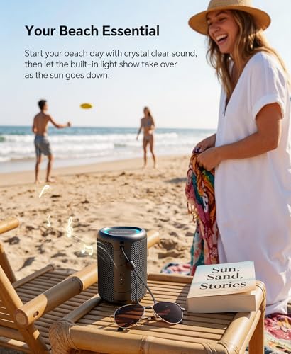 Portable Bluetooth Speaker Beach Essentials: Powerful Crystal Clear Sound/Dynamic Light/IPX5 Waterproof/All Day Playtime/Wireless BT 5.3/TWS Paring, Mom Gifts, Outdoor|Travel|Camping|Pool Accessories