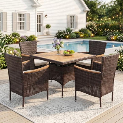 Wisteria Lane 5-Pieces Rattan Patio Dining Sets with Acacia Wood Tabletop