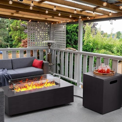 Jocoevol Fire Pit Table 50,000 BTU 42" Rectangular Propane Fire Pit Outdoor with Wind Guard Glass, Lid, Rocks and Cover Gas Fireplace for Deck or Patio