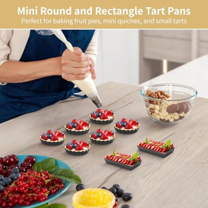 Mini Tart Pans With Removable Bottom Nonstick Quiche Pan, 8Pieces Round and 8Pieces Rectangle Pie Pans, 4 Inches Carbon Steel Mini Pie Pans, Fluted Side Dessert Baking Mold Set for Egg Tarts