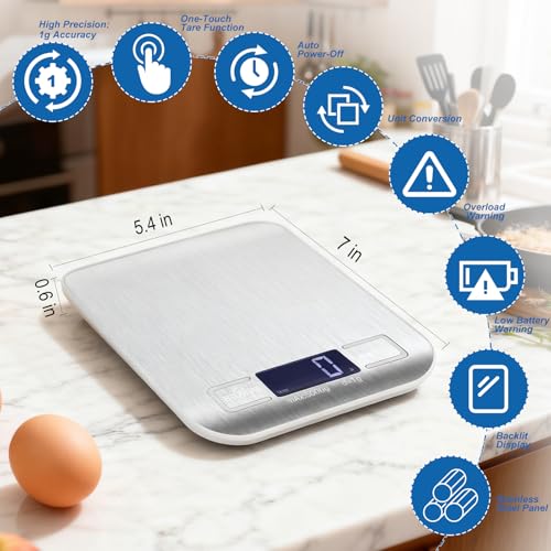 Girwu Food Scale, Digital Kitchen Scale with 0.1g Accuracy, 11lb/22lb Capacity & Backlit LCD, Stainless Steel Tare Scale for Baking, Cooking and Meal Prep, 5.5x7x0.6 Inches (Batteries Included)