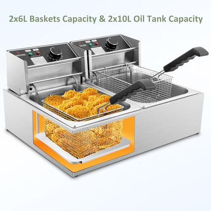 Commercial Deep Fryer, 3400W Electric Deep Fryers with 2x6.35QT Baskets Thickened Stainless Steel Countertop Oil Fryer 20.7QT Large Capacity with Lids Temperature Controller (12L)