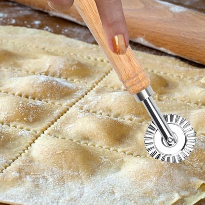 LLMSIX Pastry Wheel Cutter, Stainless Steel Ravioli Cutter, Fluted Pastry Wheel with Long Wooden Handle for Home Making Pasta Pizza Ravioli Cookie Tools