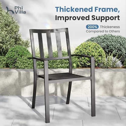 PHI VILLA 5 Piece Outdoor Table and Chairs, Patio Dining Set for 4,37" Black Square Metal Table and Stackable Wrought Iron Chairs with Umbrella Hole for Patio, Deck, Porch, Backyard