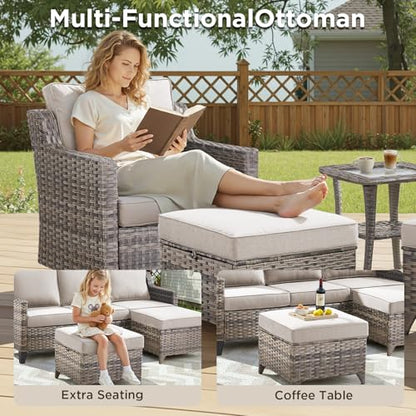 6 Piece Outdoor Patio Wicker Furniture Sets-High Back Outdoor Conversation Set Sectional Sofa with Wicker Swivel Rocker Patio Chairs,Thick Cushions Ottomans for Porch Balcony Patio Deck Grey/Beige