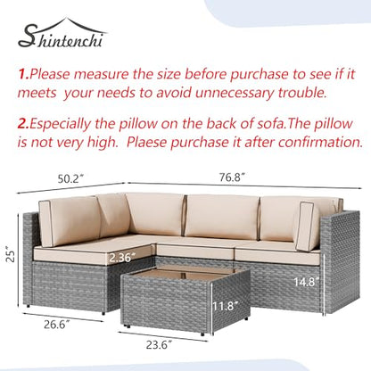 Shintenchi 5 Pieces Outdoor Patio Sectional Sofa Couch, Silver Gray PE Wicker Furniture Sets, Patio Conversation Sets with Washable Cushions Coffee Table for Garden, Poolside,Backyard,(Khaki)