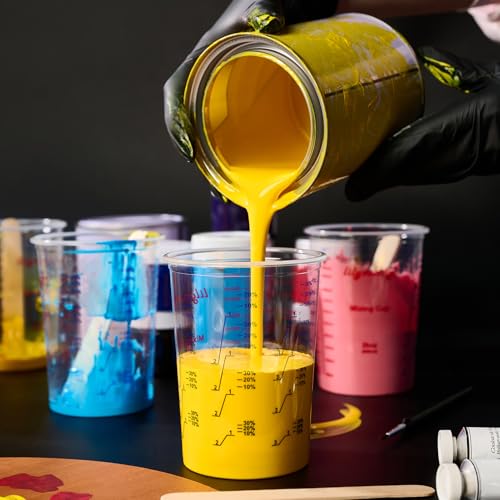 50 Pack Plastic Mixing Cups, 20 oz (600ml), Disposable Measuring Cups with 50 Wooden Mixing Sticks, Measurement ratios: 2:1, 3:1, 4:1, Suitable for Epoxy Resin, Liquid Measuring, and Paint
