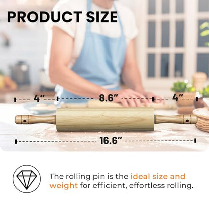 KARRYOUNG Rubber Wood Rolling Pin for Baking, Kitchen Dough Roller With Handles, Rodillo Para Masa, Rolling Pin for Dough, Pizza,Bread, Fondant & Tortilla