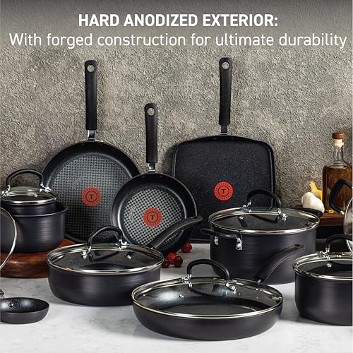 T-fal Ultimate Hard Anodized Nonstick Pots and Pans Set 14 Piece, Oven Broiler Safe 400F, Kitchen Cooking Set w/Fry Pans, Saucepans, Griddle, Dutch Oven, Dishwasher Safe, Cookware, Onyx