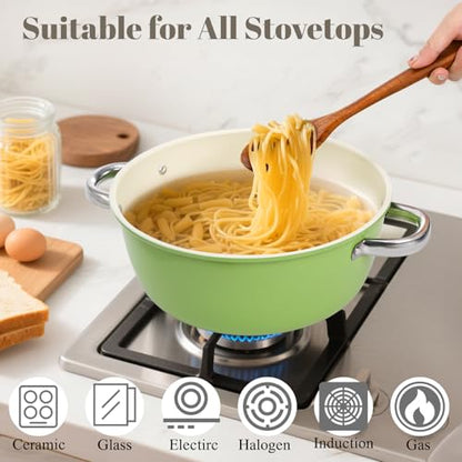 ZENFUN Ceramic Nonstick Stock Pot with Lid, 4.2 Quart Soup Pot, Cooking Pot Stew Pots, Induction Compatible Stockpot, Avocado Green