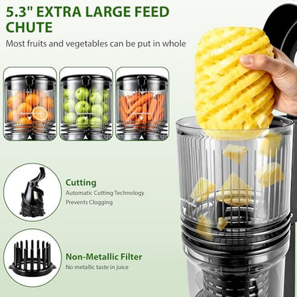 Pukomc Cold Press Juicer with Smart Display and Brushless Motor, 5.3'' Wide Mouth Feed Chute, 300W High Power Slow Masticating Juicer, Whole Vegetables & Fruits Juicing, Easy to Use and Clean