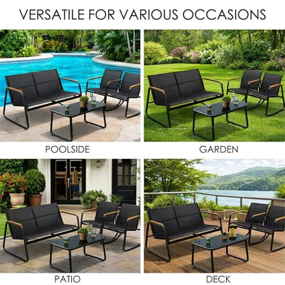 Kozyard 4-Piece Outdoor Patio Furniture Set with Textilene Chairs, Metal Conversation Set, Tempered Glass Coffee Table, Powder-Coated Steel Frame for Garden, Poolside, Backyard Black