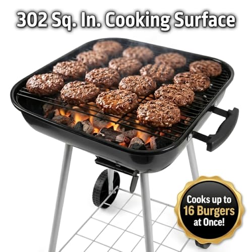 17.5 Inch Square Charcoal Grill with Wheels, Portable Outdoor BBQ Kettle Grill for Patio and Backyard Cooking, Porcelain-Coated Steel Grates and Adjustable Dampers, 302 Sq In Cooking Area, Black