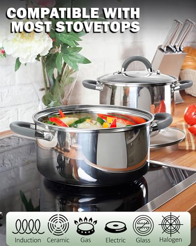 Cook N Home 12-Piece Basics Stainless Steel Cookware Set, Tri-ply Pots and Pans Set with Silicone Handle - Non-Toxic, Induction Ready, Oven & Dishwasher Safe