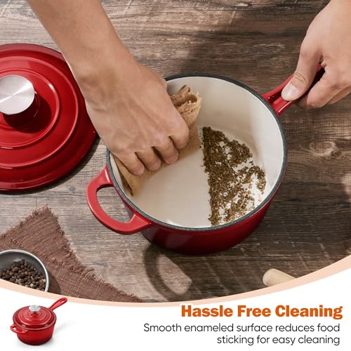 Homikit Small Sauce Pan with Lid, 2QT Enameled Cast Iron Saucepan, Enamel Cast Iron Sauce Cooking Pot Dutch Oven Kitchen Cookware for Making Pasta, Boiling Soup, Warming Milk, Red