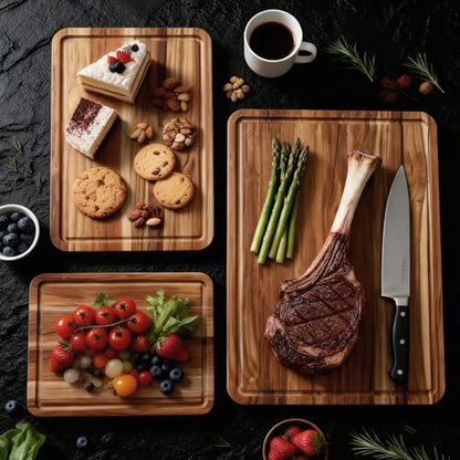 3 Pack Teak Cutting Board Set for Kitchen Wood Charcuterie Board with Juice Groove Wooden Cutting Boards Non Toxic Heavy Duty Slip Over Sink Solid Thick Chopping Board FSC