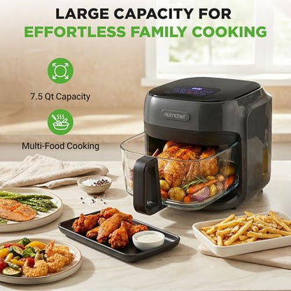 NutriChef Family Size 7.5 Quart Air Fryer | 6 Preset Cooking Modes | Glass Fry Bowl for Best Cooking | 360° Air Circulation | Cook Veggies, Steak, Fries, Seafood, Chicken & More | Gray