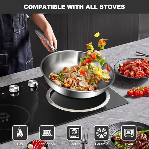 EWFEN Tri-Ply Stainless Steel Frying Pans Set, 8”/10”/12” Cooking pans, PFOA&PTFE Free Skillet, Induction Cooking Pan, Dishwasher and Oven Safe, Fast & Even Heat, Heavy Duty and Detachable Handle