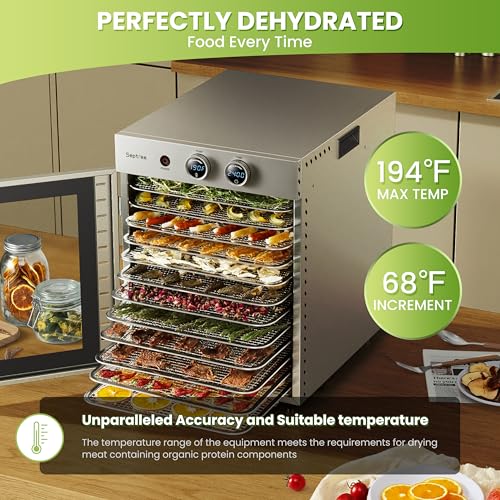 Food Dehydrators Machine with 12 Stainless Steel Trays with Timer Setting Temperature Adjusted 68 ℉ to 194 ℉ Dryer for Herb Fruit Meat Vegetables Mushroom Beef jerky for Commercial Household large
