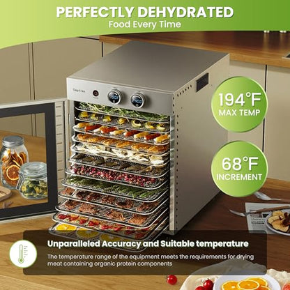 Food Dehydrators Machine with 12 Stainless Steel Trays with Timer Setting Temperature Adjusted 68 ℉ to 194 ℉ Dryer for Herb Fruit Meat Vegetables Mushroom Beef jerky for Commercial Household large
