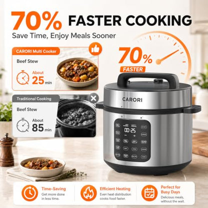CARORI 8Qt Electric Pressure Cooker, 9-in-1 Multifunction, IMD Touchscreen, Non-Stick Pot. 1200W for Instant Feast. Olla de Presion (Ollas). Safe Venting.Rice,Slow,Steamer, Sauté, Warmer, Silver