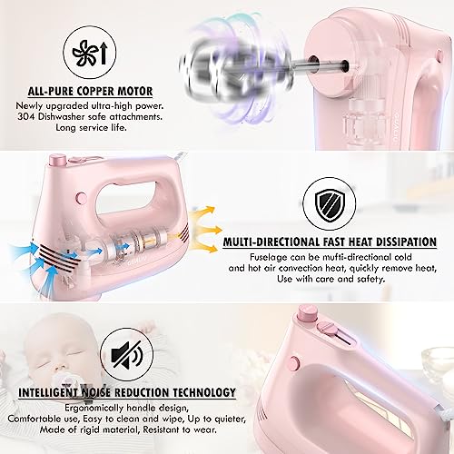 GUALIU Electric Hand Mixer with Stainless Steel Whisk, Dough Hook Attachment and Storage Bag, Handheld Mixer for Baking Cakes, Eggs, Cream Food Mixers. Turbo Boost /5 Speed Kitchen Blender PINK