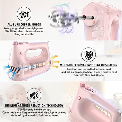 GUALIU Electric Hand Mixer with Stainless Steel Whisk, Dough Hook Attachment and Storage Bag, Handheld Mixer for Baking Cakes, Eggs, Cream Food Mixers. Turbo Boost /5 Speed Kitchen Blender PINK
