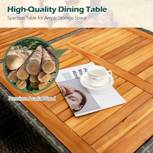 Tangkula 9 Pieces Rattan Outdoor Dining Set with 13Ft Solar Patio Umbrella for 6, Outdoor Wicker Table Set with 8 Cushioned Chairs, Acacia Wood Top, Outdoor Umbrella with Base Included