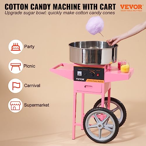 VEVOR Electric Cotton Candy Machine Cart, 1000W Commercial Floss Maker w/Stainless Steel Bowl, Sugar Scoop and Drawer, Perfect for Home, Carnival, Kids Birthday, Family Party, Pink