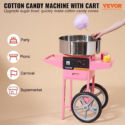 VEVOR Electric Cotton Candy Machine Cart, 1000W Commercial Floss Maker w/Stainless Steel Bowl, Sugar Scoop and Drawer, Perfect for Home, Carnival, Kids Birthday, Family Party, Pink