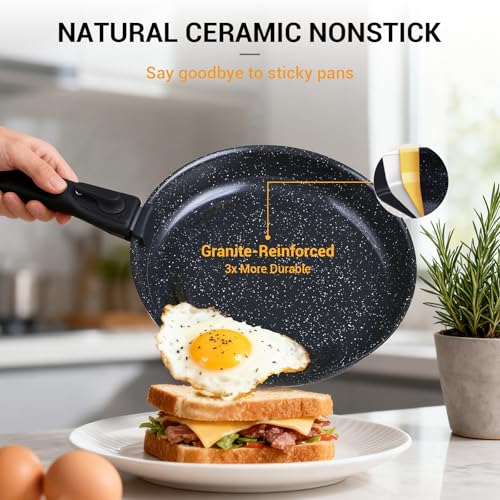 Ammeloo 21 Pcs Pots and Pans Set Non Stick, Ceramic Kitchen Cookware Set with Detachable Handle, Non Toxic Cooking Set for Kitchen, RV, Camping and Fridge, Induction Ready, Dishwasher/Oven Safe, Black