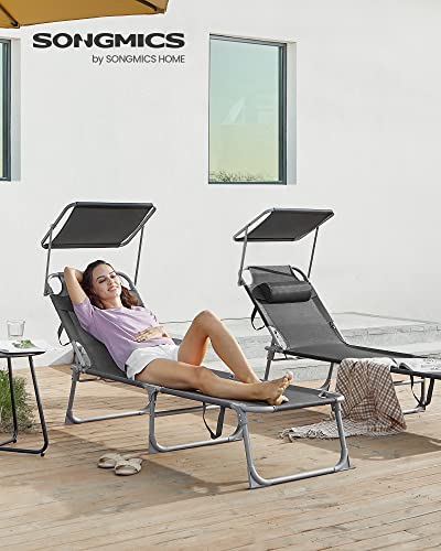 SONGMICS Sun Lounger, Patio Chaise Lounge Chair, Folding, with Canopy, 76 x 20.9 x 11.4 Inches, Holds 330 lb, Headrest, Adjustable Backrest, Outdoor Garden Pool, Dark Gray UGCB19UV1