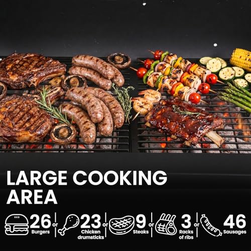 Dopinmin BBQ Charcoal Grill, Outdoor Heavy Duty Cooker oven Barbecue Grill with Offset Smoker & Thermometer, Wheels and Tray for Patio Balcony Picnics, Party and Camping