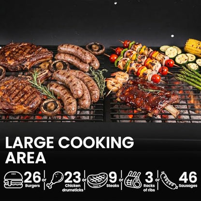 Dopinmin BBQ Charcoal Grill, Outdoor Heavy Duty Cooker oven Barbecue Grill with Offset Smoker & Thermometer, Wheels and Tray for Patio Balcony Picnics, Party and Camping