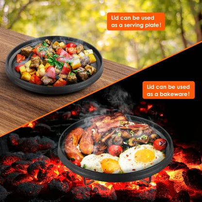 LIFERUN Dutch Oven Pot with Lid, 8 Quart Cast Iron Dutch Oven, without Feet, with Stand & Spiral-shaped Handle, Cast Iron Pot for Outdoor & Indoor