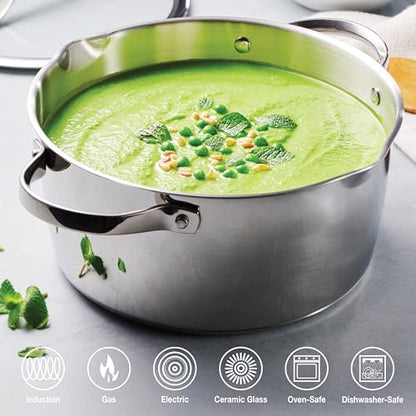 Tramontina Tempo Tri-Ply Base Stainless Steel 5-Quart Dutch Oven Pot with Glass Lid, Induction-Ready, Oven-Safe, Dishwasher-Safe