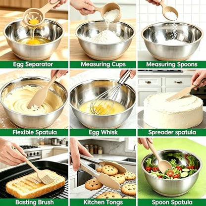 Deedro Premium Mixing Bowls with Airtight Lids Set, 22Pcs Thicker Stainless Steel Mixing Bowl Set, Large Prep Metal Bowls, Non-Slip Silicone Base Nesting Bowls for Kitchen, 1.5/2/3/4/5 QT, Khaki