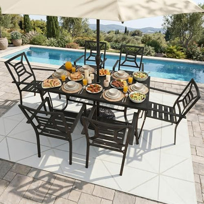 7 Piece Patio Dining Set 60" Rectangular Metal Table & 6 Stackable Chairs